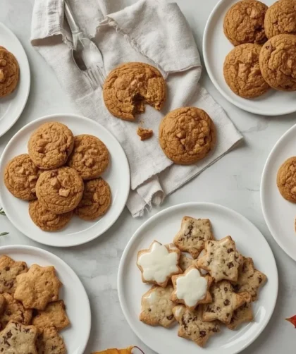 Thanksgiving cookies including pumpkin snickerdoodles, maple pecan cookies and leaf sugar cookies