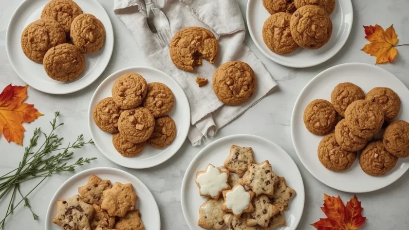 Thanksgiving cookies including pumpkin snickerdoodles, maple pecan cookies and leaf sugar cookies