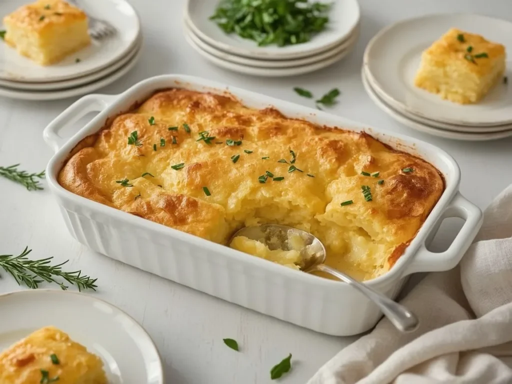 Golden corn pudding with a scoop removed