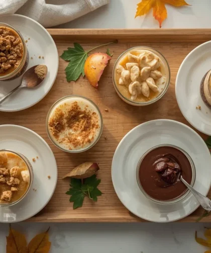Thanksgiving desserts in cups including pumpkin parfaits, apple crisp cups and cranberry cheesecake cups