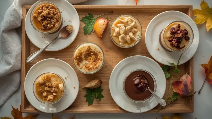 Thanksgiving desserts in cups including pumpkin parfaits, apple crisp cups and cranberry cheesecake cups