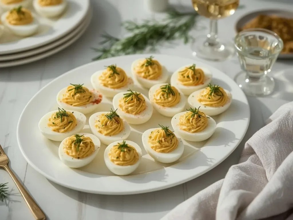 Classic deviled eggs with chives and paprika