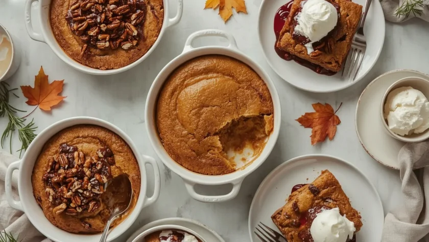 Easy Thanksgiving dump cakes including apple, pumpkin, chocolate and cherry cranberry