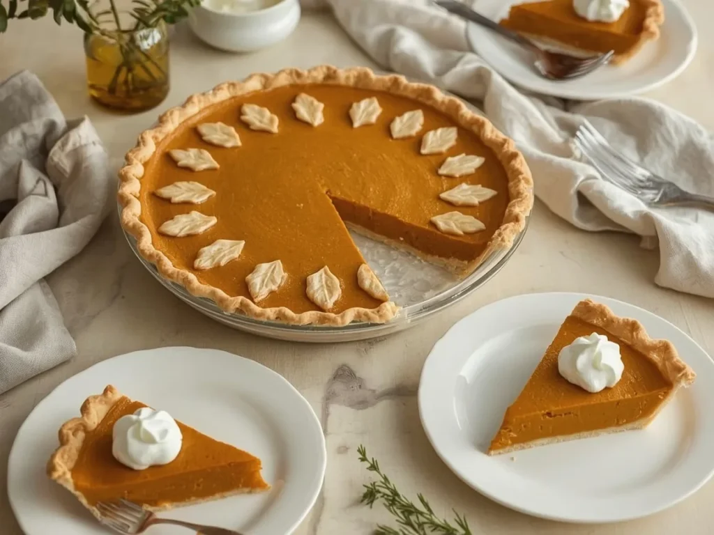 Pumpkin pie with pastry leaf decorations and whipped cream