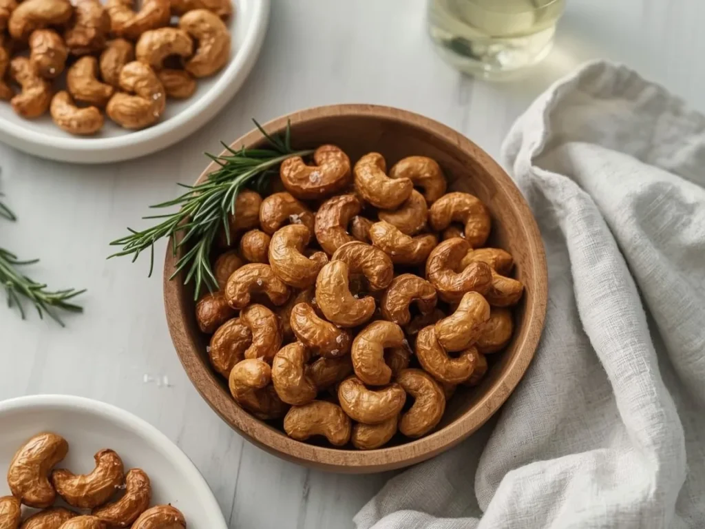 Rosemary roasted cashews in a wooden bowl