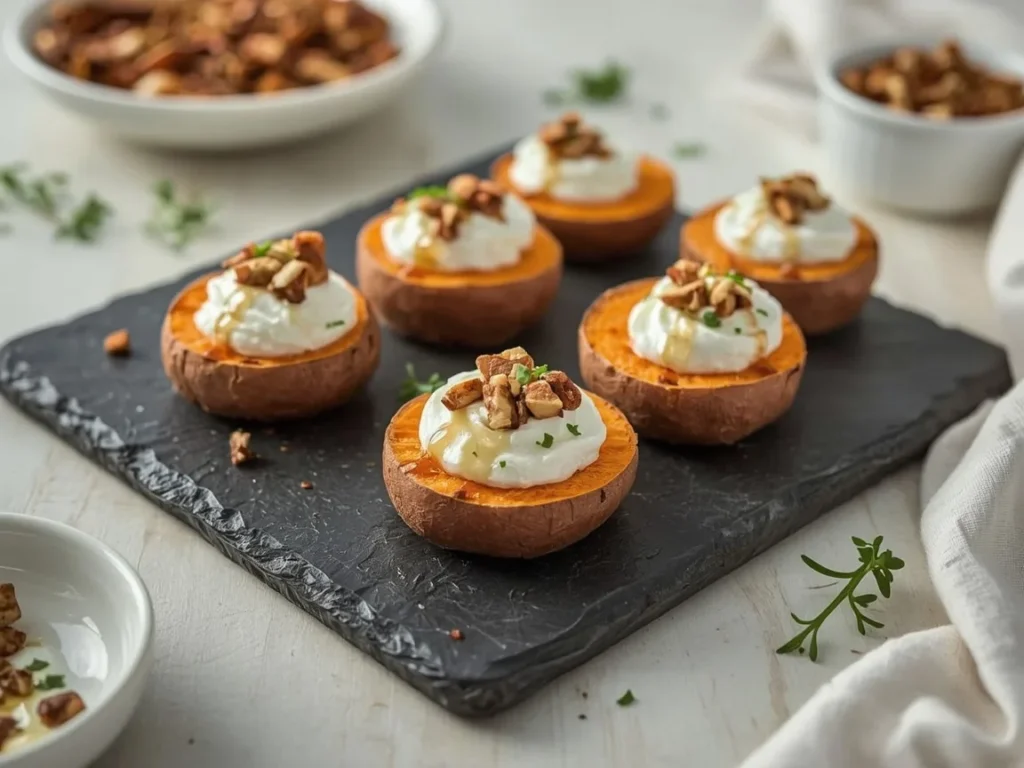Sweet potato rounds with whipped feta, hot honey and pecans
