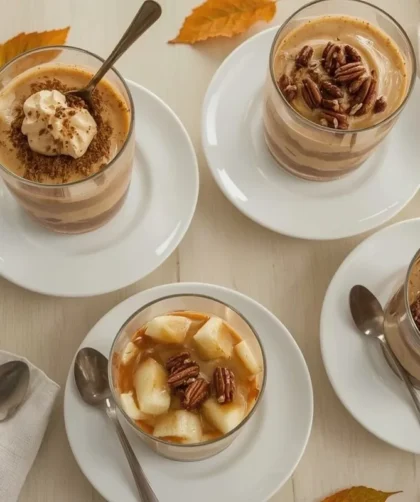 Thanksgiving trifles including pumpkin gingerbread, apple pie, pecan pie and brownie trifle