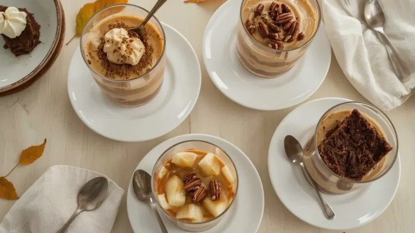 Thanksgiving trifles including pumpkin gingerbread, apple pie, pecan pie and brownie trifle
