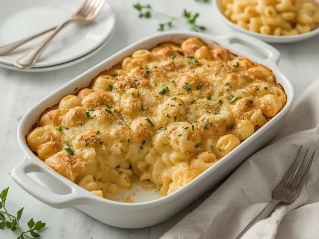 Three-cheese baked mac and cheese with golden crust