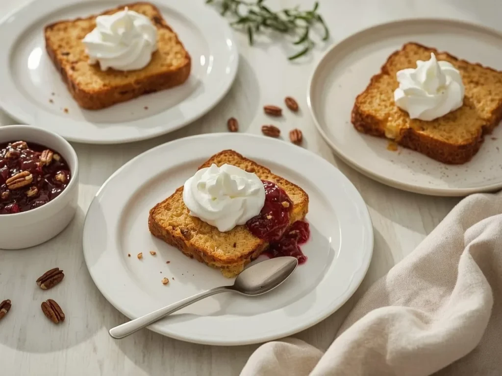 Toasted pound cake topped with maple whipped cream and cranberry sauce