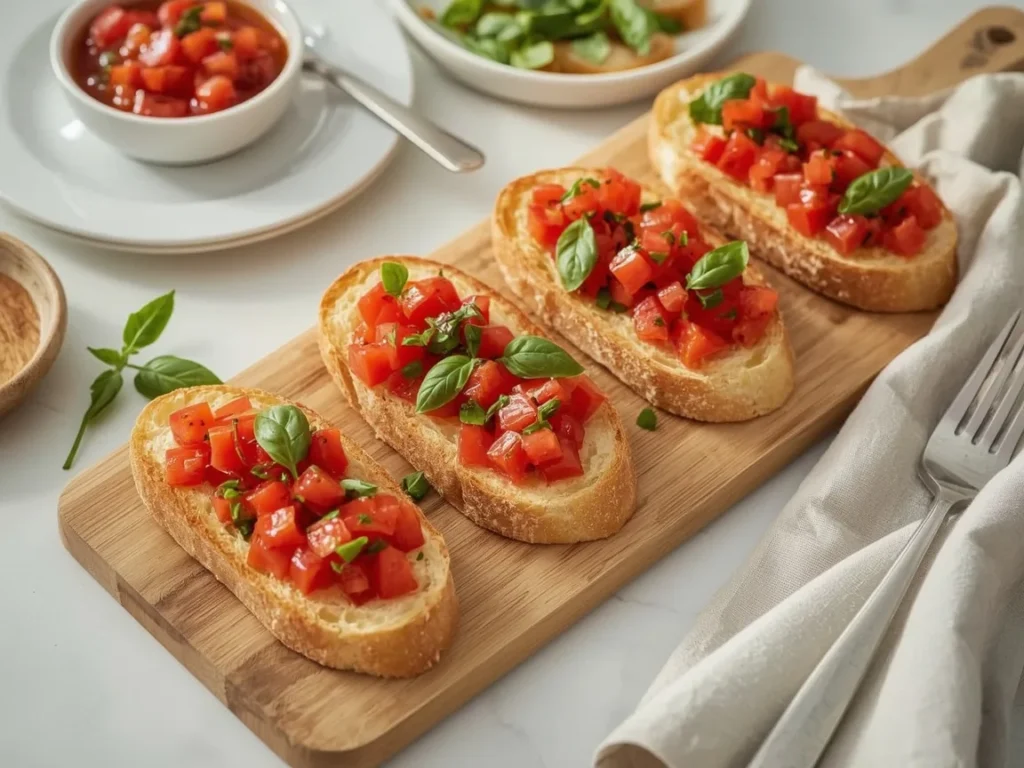 Tomato and basil bruschetta on toasted baguette slices on a wooden board
