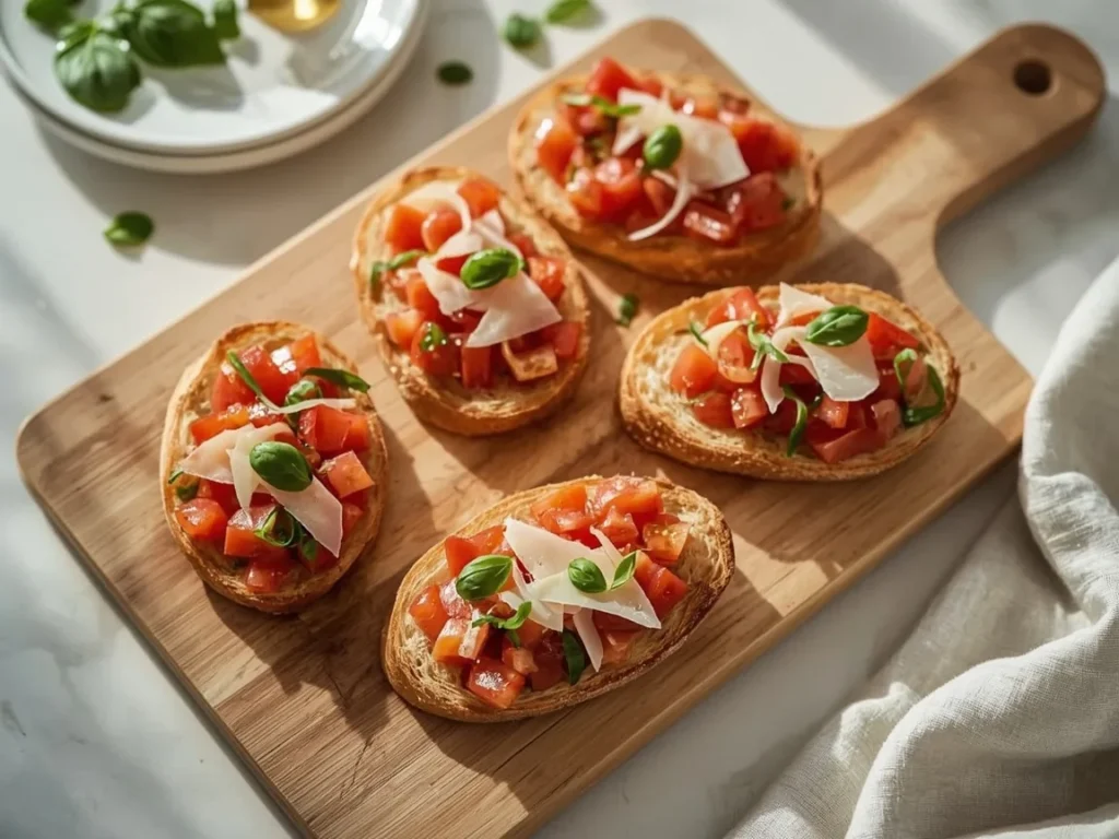Tomato bruschetta with basil and shaved Parmesan on toasted baguette slices