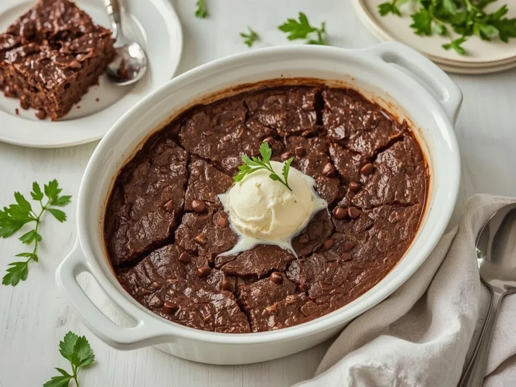 Triple chocolate dump cake with melted chips and ice cream