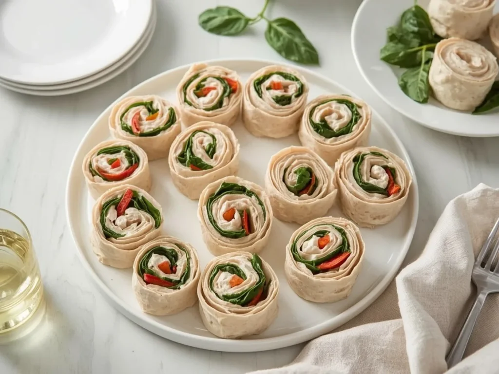 Turkey and cream cheese tortilla pinwheels with spinach on a white platter