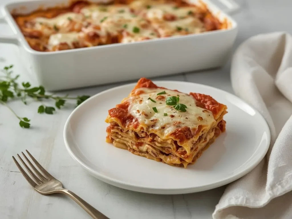 Slice of turkey lasagna showing layers of sauce, ricotta and mozzarella