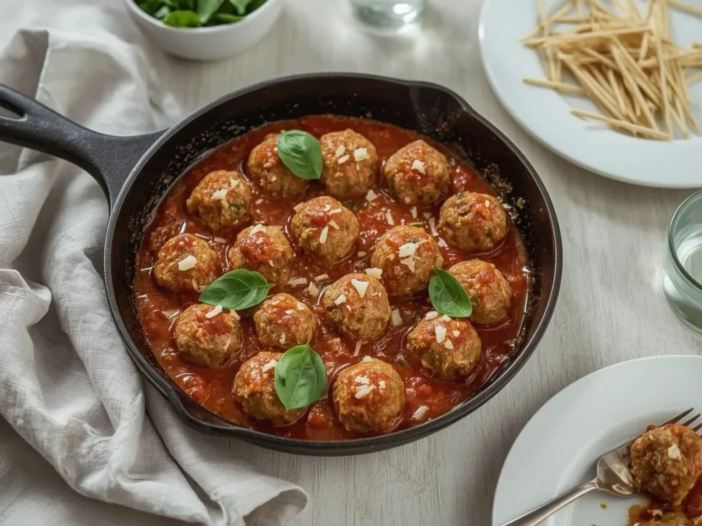 Turkey meatballs in marinara sauce with Parmesan and basil in a cast iron pan