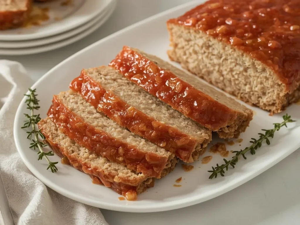 Sliced turkey meatloaf with a glossy tomato glaze on a white platter