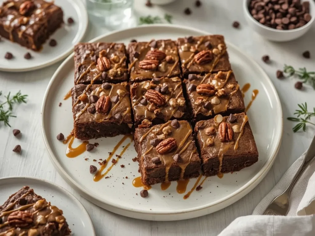 Turtle brownies with caramel, pecans and chocolate