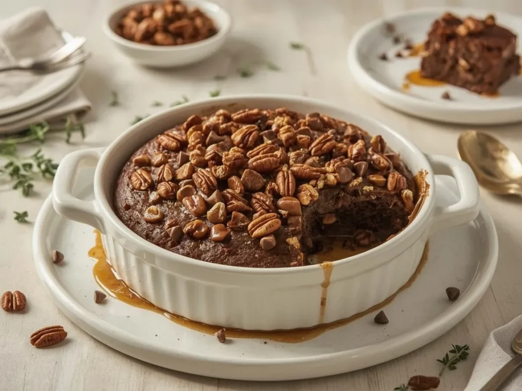 Turtle dump cake with chocolate, pecans and caramel