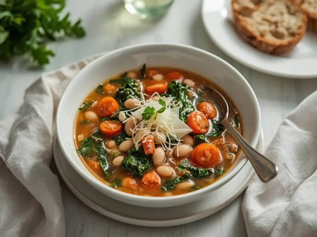 Tuscan white bean and kale soup with parmesan and crusty bread