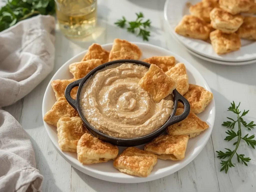 Warm apple pie dip with cinnamon sugar pie crust chips
