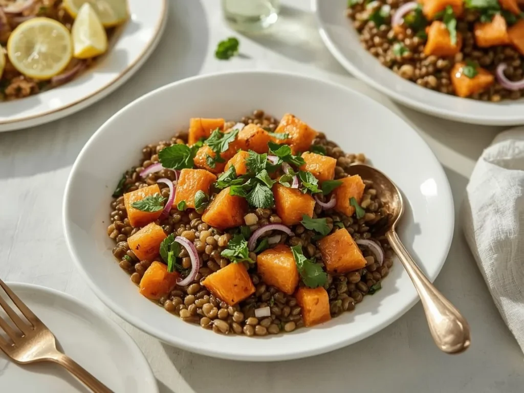 Warm lentil salad with roasted sweet potatoes and herbs