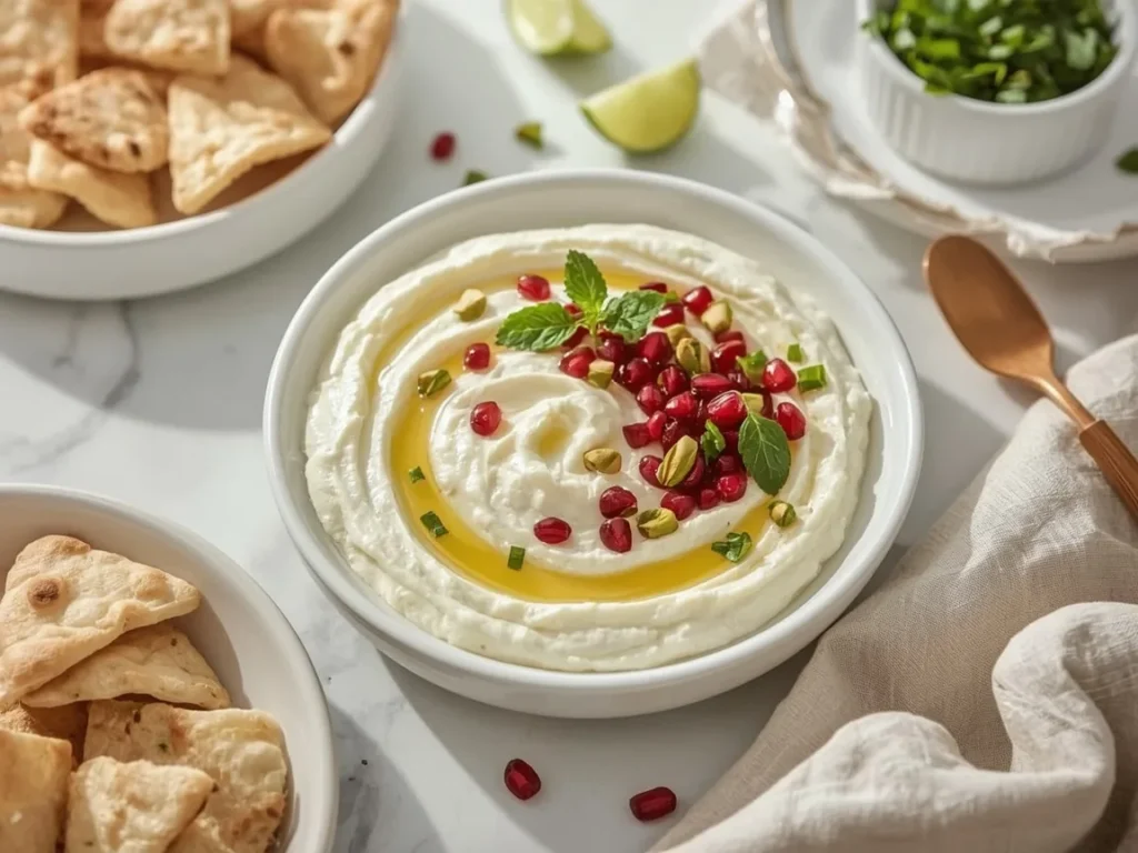Whipped feta dip topped with pomegranate seeds, pistachios and mint with pita chips