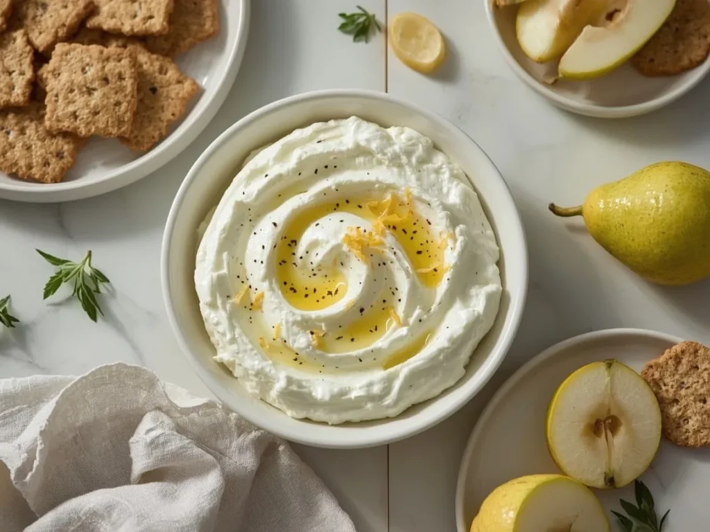 Whipped ricotta drizzled with honey and black pepper with crackers and pears