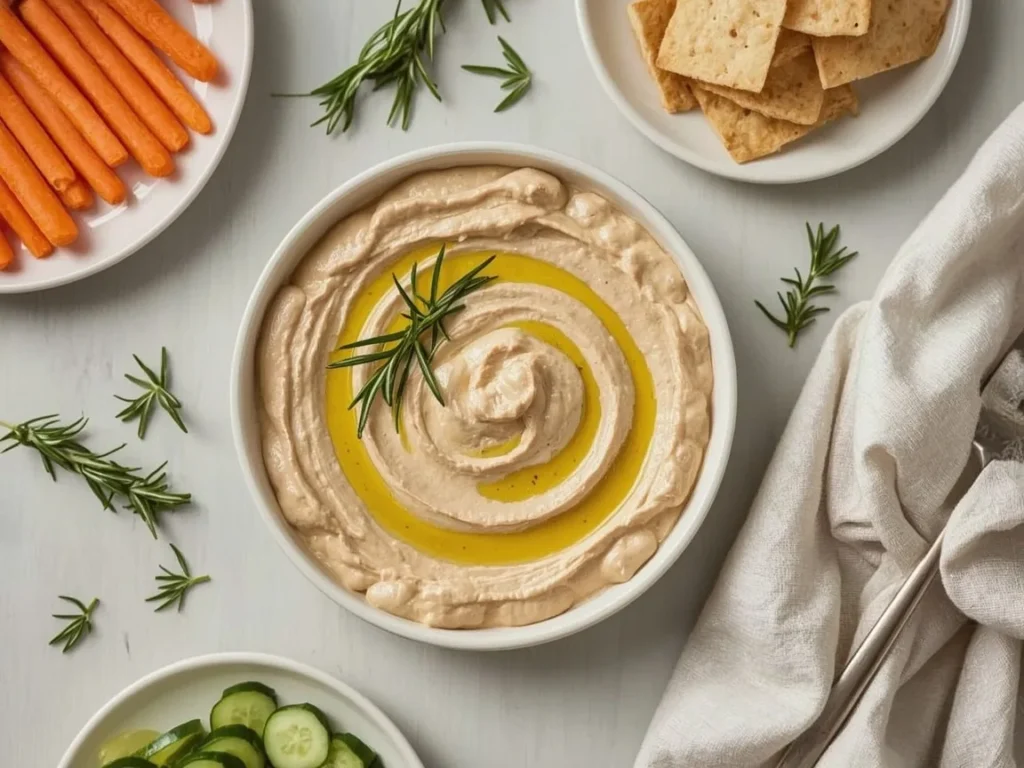 White bean and rosemary dip with olive oil, crudités and pita chips