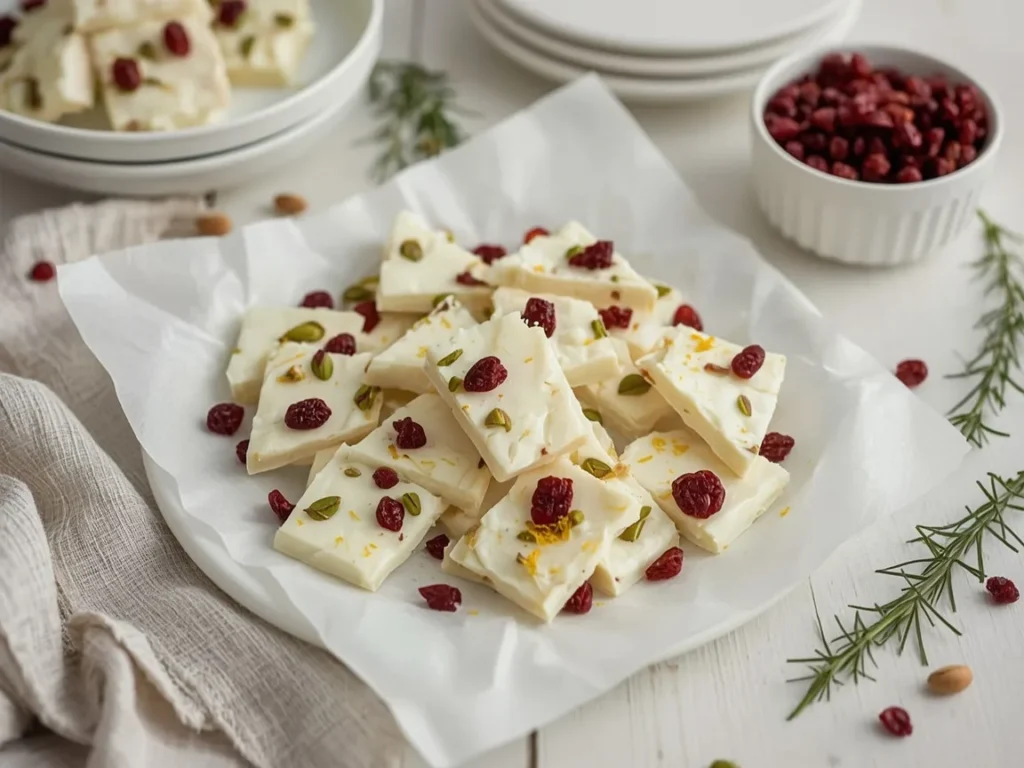 White chocolate bark with dried cranberries and pistachios on parchment
