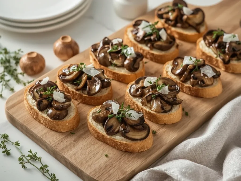 Wild mushroom crostini with thyme and shaved parmesan on a wooden board