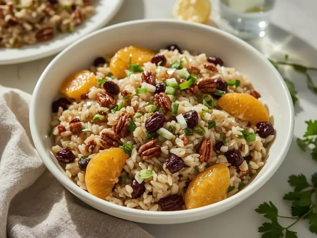 Wild rice salad with cranberries, pecans and orange