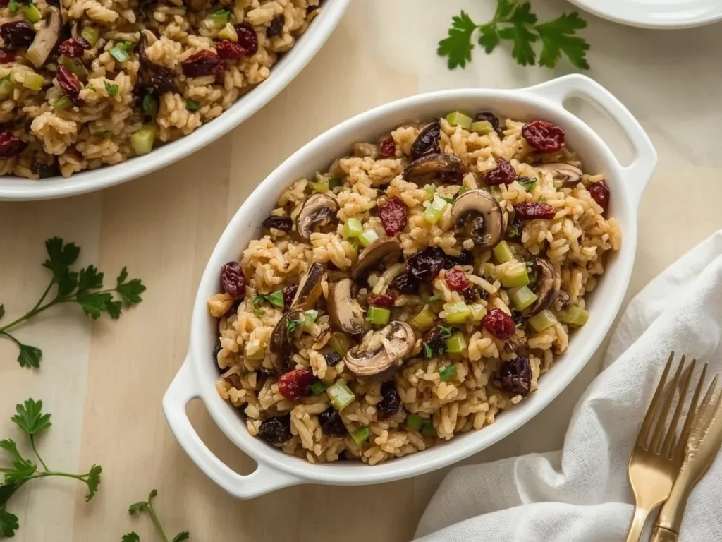 Wild rice stuffing with mushrooms and cranberries