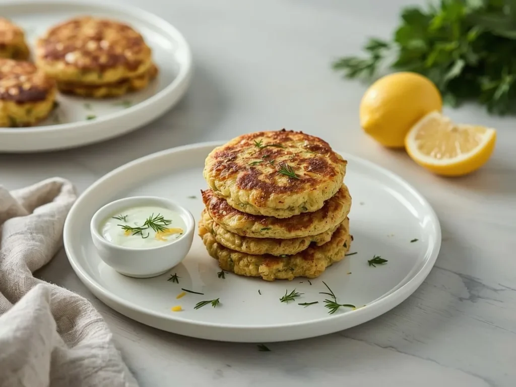 Golden zucchini fritters with a bowl of lemon yogurt sauce and fresh dill